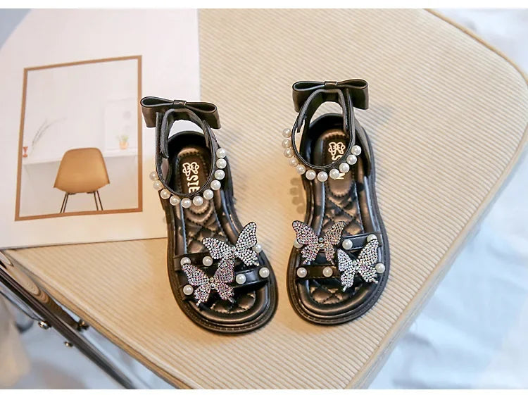 Kids Roman Sandals 2024 New Girls'  Princess Shoes with Butterfly Girl Fashion Sweet Pearl Beach Shoes with Back Knot Anti Slip