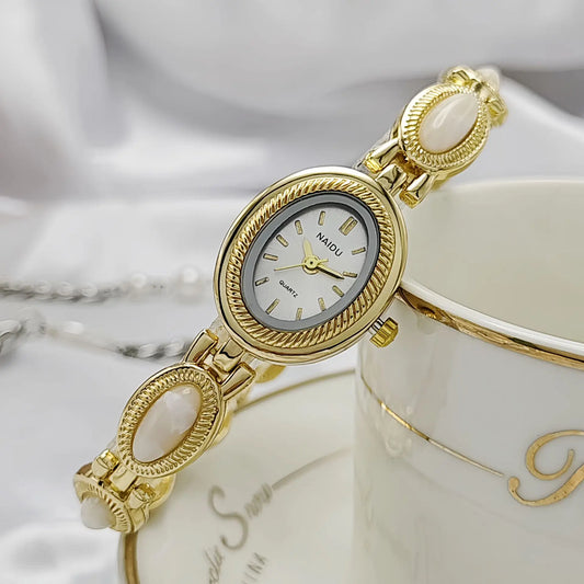 New Vintage Women's Watch with Colored Gemstones Light Luxury Personalized Retro Jewelry Gold Noble Small Cute Bracelet Gift