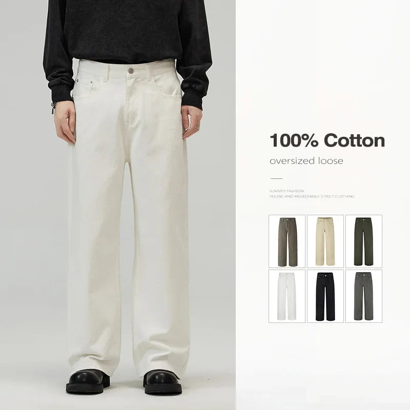 Men Baggy Wide Leg Jeans 100%Cotton Spring Casual Denim Pants Loose Straight Comfort Breathable Fashion Streetwear Male Trousers