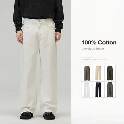 Men Baggy Wide Leg Jeans 100%Cotton Spring Casual Denim Pants Loose Straight Comfort Breathable Fashion Streetwear Male Trousers