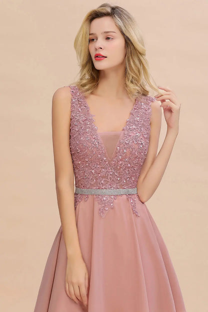 Newest Dusty Pink Sequins Lace Cocktail Dresses With Sashes Sexy V neck A Line Chiffon Short Party Gowns For Prom Evening 2025