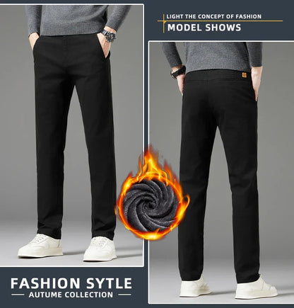 Winter Thickened Men's Velvet Casual Pants Fleece Warm Fashion Solid Color Straight Elastic Male Business Plush Pants
