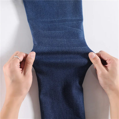 Women Thermal Jeans Winter Snow Warm Plush Stretch Jeans Lady Skinny Thicken Fleece Denim Long Pants Retro Blue Pencil Trousers