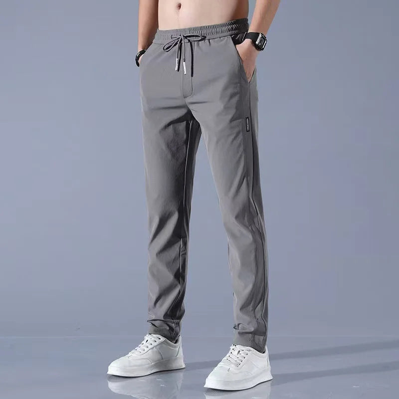 Ice Silk Men's Pants 2026 Summer New Black Gray Thin Business Casual Pants Outdoor Elastic Breathable Straight Leg Sweatpants