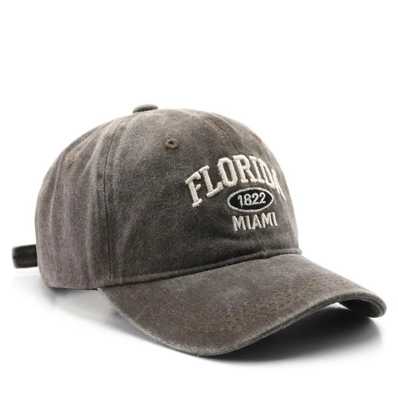 Vintage Washed Cowboy Baseball Cap for Men Women FLORIDA Embroidery Sun Cap Casual Snapback Hip Hop Hat Curved Brim Soft Top Hat