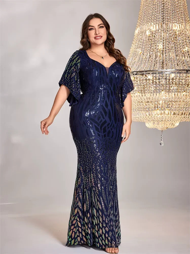 Plus Size Elegant Flare Sleeve Sequin Evening Dress Women Floor Lenght Maxi Wedding Party Mermaid Prom Cocktail Dress