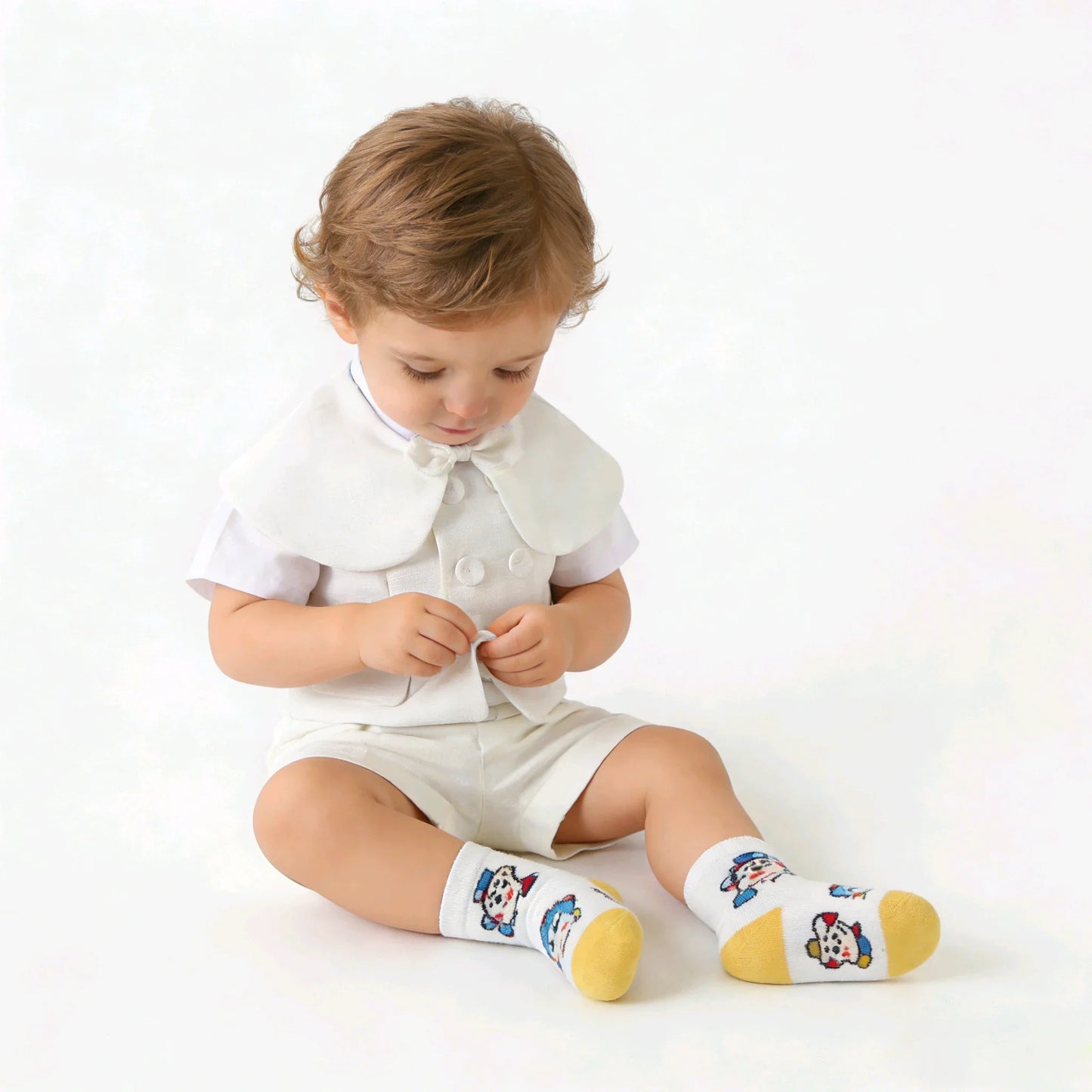 Boys White Linen Suit Set Summer Short Sleeve shawl  Vest & suspenders Shorts Gentleman Outfit for Wedding Party Occasions
