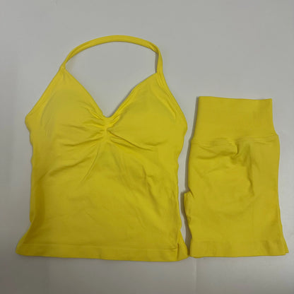 Yoga Set Women Padded Halter Tank Top Scrunch Butt Lifting Gym Shorts Set Summer Sportswear Workout Clothes