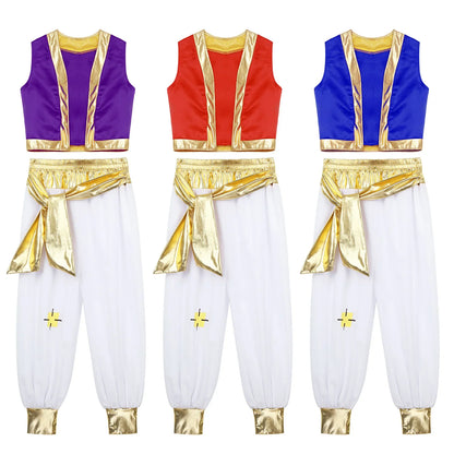 Boys Arabian Costume Arabian Prince Cosplay Dress Up Vest Waistcoat Harem Pants Suit for Halloween Carnival Stage Performance