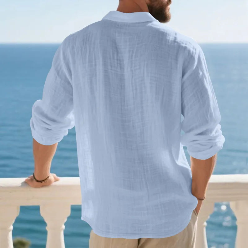 Linen shirt stand-up collar button-down men's loose casual breathable V-neck long-sleeved polo shirt