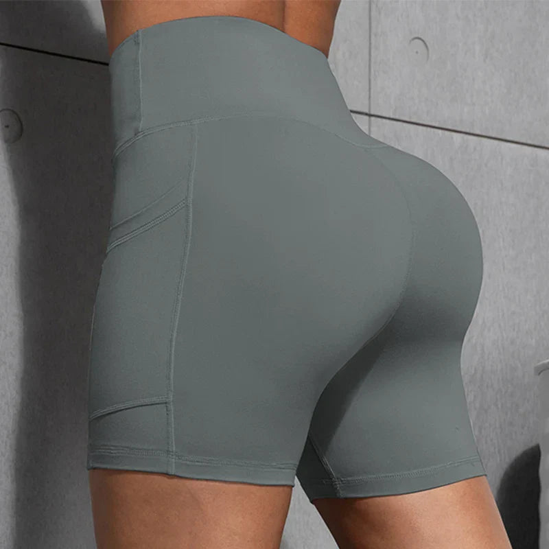 Women Shorts with Pockets Sexy Butt Lifting Fitness Cycling Tights Slim Solid Color High Waist Sports Shorts Casual Fashion Wear