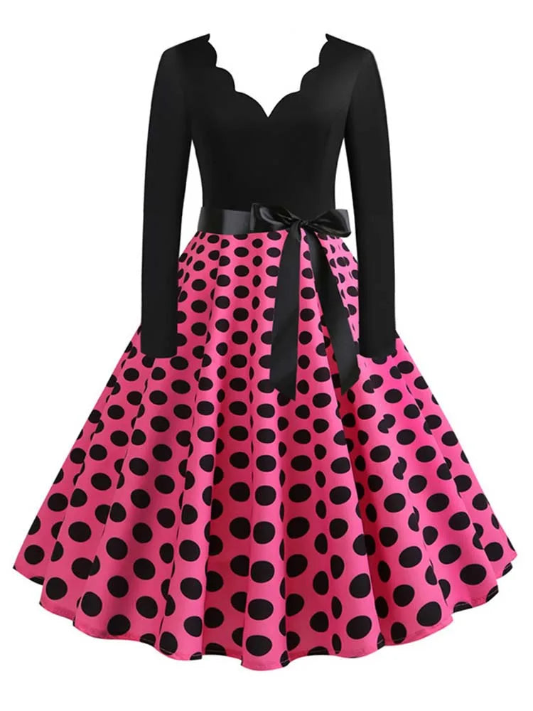 Women Vintage Long Sleeve Polka Dot Dress Spring Autumn New Year Party Dresses 3XL Black Vestidos