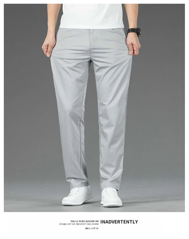 Spring Summer New Men's Casual Pants Thin Mulberry Silk Soft Business Casual Trousers Slim Straight Elastic Suit Pants Male