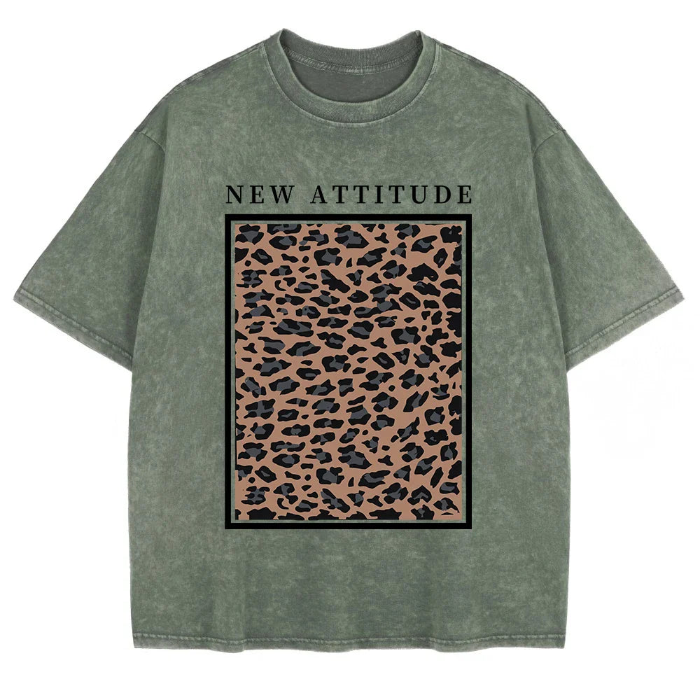 Cotton Washed T-shirt for Women New Attitude Fashion Leopard Prints Tops Loose O-Neck Oversized Short Sleeve Y2k Female Clothes