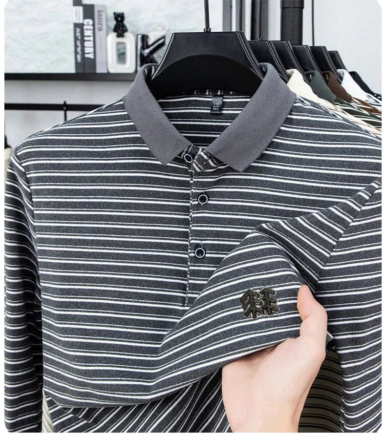 Men's Striped Long Sleeved T-shirt Polo Shirt Button Up Men's Stand Up Collar, Winter Double-sided German Velvet Base Shirt