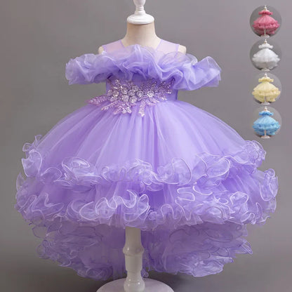 Purple Flower Bridesmaid Princess Dress For Girls Children Costumes Trailing Party Dresses Girls Dress Beaded Wedding Gown