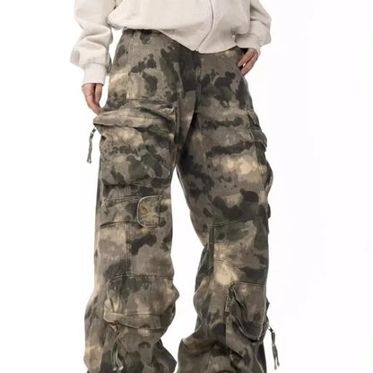 American retro camouflage work pants men's trendy brand high street straight tube loose casual multi pocket wide leg paratrooper
