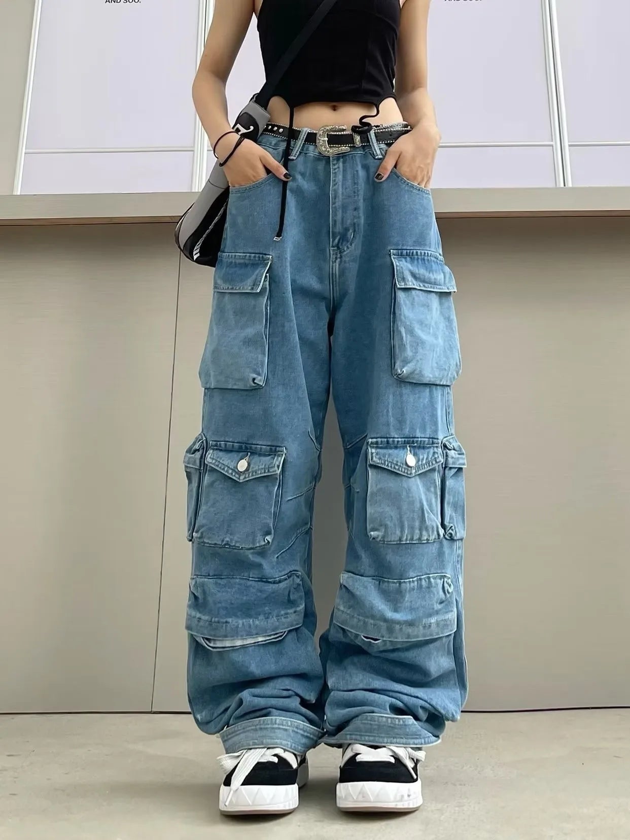 Jeans Feminino Moderno para Trabalho | Jeans Preto e Cinza de Rua com Vários Bolsos | Design Funcional Americano de Cintura Alta