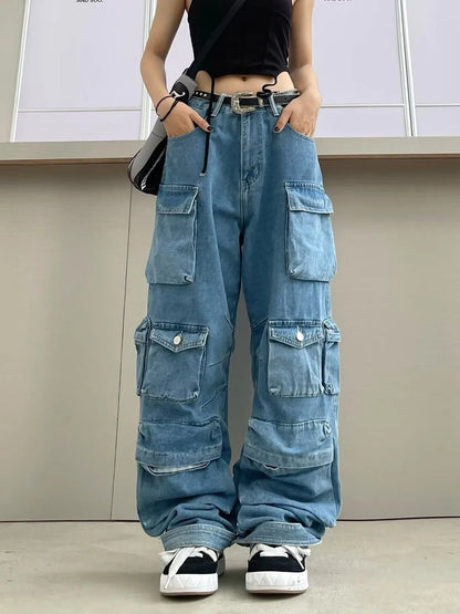 Jeans Feminino Moderno para Trabalho | Jeans Preto e Cinza de Rua com Vários Bolsos | Design Funcional Americano de Cintura Alta