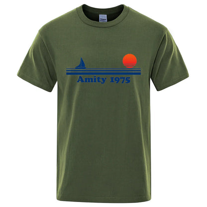 Amity 1975 - Jaws Retro Print Tshirt Men Creativity Sweat Clothing Fashion Tee Clothes T Shirts Breathable Cotton T-Shirts Man