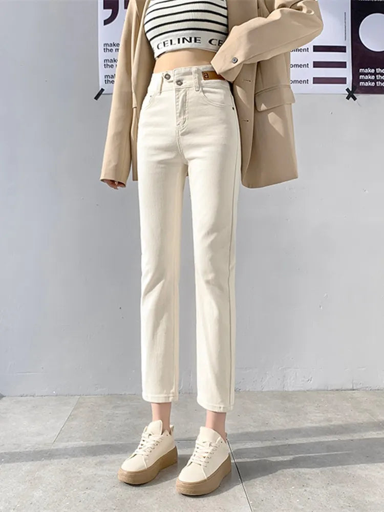 Slim Skinny Beige Jeans Women High Waist Vintage Push Up Jeans Easymatch Streetwear Korean Denim Ankle-Length Pants