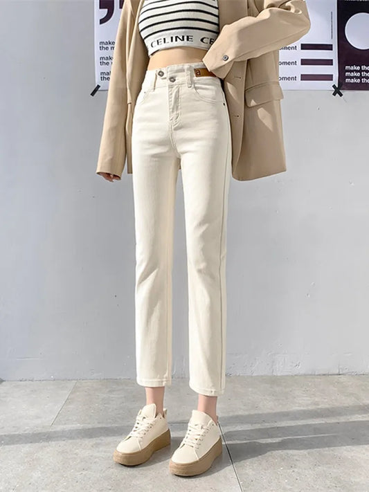 Slim Skinny Beige Jeans Women High Waist Vintage Push Up Jeans Easymatch Streetwear Korean Denim Ankle-Length Pants