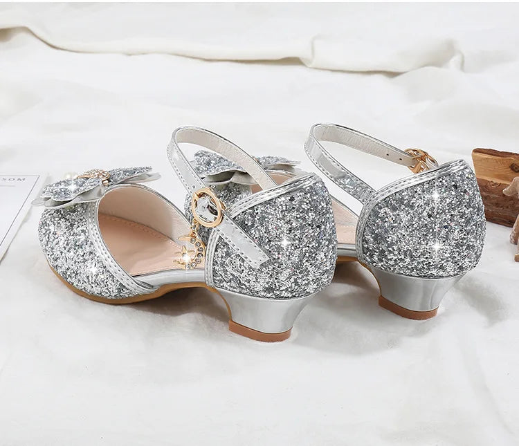 Children's Sandals for Party Wedding Elegant Bowknot Kids Girls Versatile Sequins High-heels Fashion Pearl Princess Single Shoes