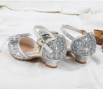 Children's Sandals for Party Wedding Elegant Bowknot Kids Girls Versatile Sequins High-heels Fashion Pearl Princess Single Shoes