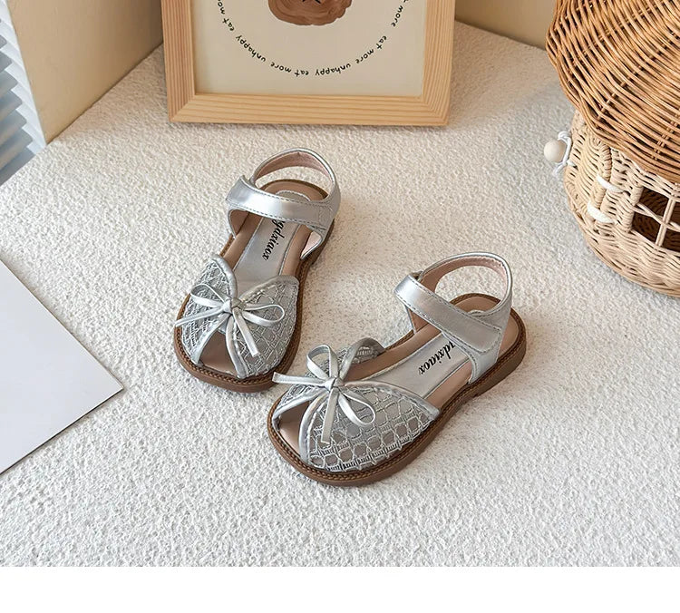 New Summer Girls Sandals Princess Beach Shoes Braided Peep-toe Kids Sandals Butterfly-knot Sweet Soft Breathable Footwear I10317
