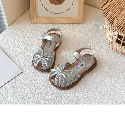 New Summer Girls Sandals Princess Beach Shoes Braided Peep-toe Kids Sandals Butterfly-knot Sweet Soft Breathable Footwear I10317