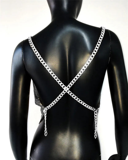 Shiny Rhinestone V Neck Tank Top 2025 Sexy Backless Metal Chain Spaghetti Straps Sling Camisole Women Nightclub Party Crop Top