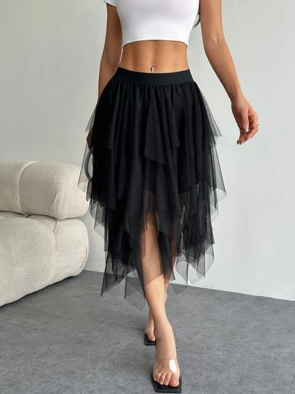 Ladies' high waisted elastic waist layered chiffon midi skirt with irregular asymmetric hem party casual mesh fairy ballet skirt