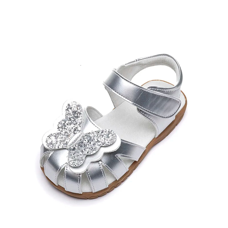 Leather sparkling butterfly Girls flat Sandals closed toe little kids girls summer shoes