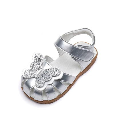 Leather sparkling butterfly Girls flat Sandals closed toe little kids girls summer shoes