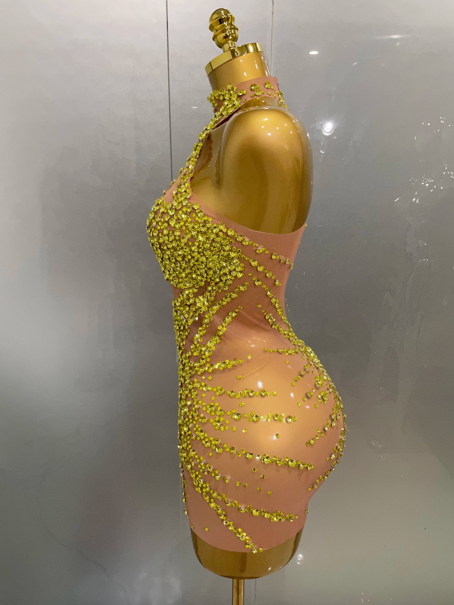 Rhinestones Sexy Mesh See Through Dress Party Evening Prom Celebrate Birthday Dress Singer Dancer Show Stage Wear