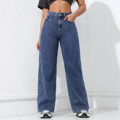 Women Streetwear Jeans Washed Distressed High Waist Straight Trousers