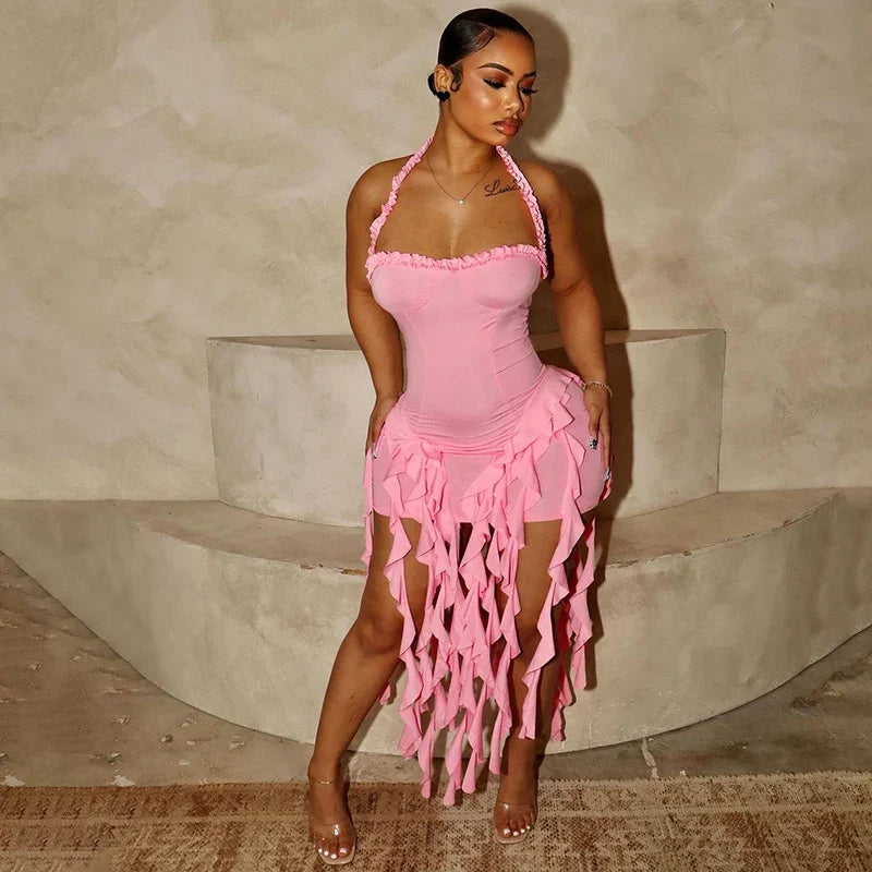 Elegant Halter Solid Ruffles Backless Taseel Sexy Slim Mini Dress Spring Women Cute Outfits Birthday Party Vacation