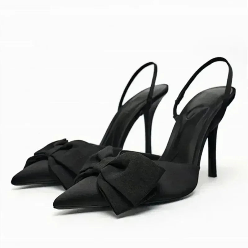 Luxury Silver High Heeled Sandals Women Sexy Pointed Toe Back Strap Thin Heels for Women Elegant Bow Design Banquet Dress Shoes