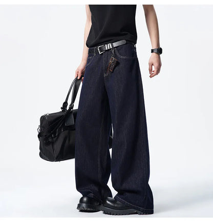 Calça Jeans Masculina Azul Escuro Solta Comprida Reta Clássica De Comprimento Do Chão Atacado Venda Quente Minimalista Casual Streetwear