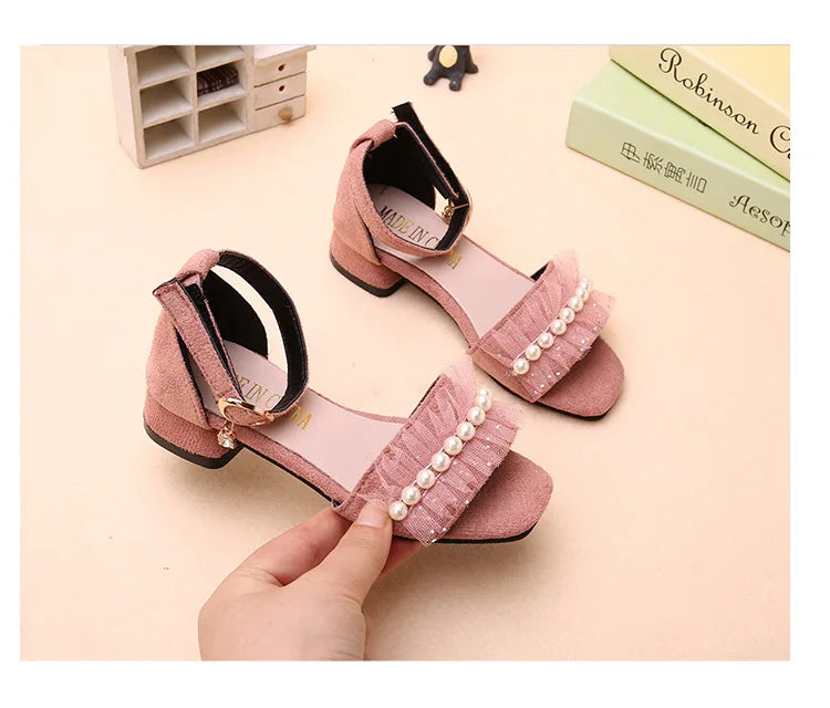 Girls Sandals Summer Shoes Cute Pearls Roman Shoes Pink Black Beading Open-toe Kids Fashion Girls Party Sandals Kids Shoes Chic