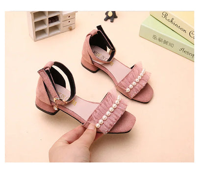Girls Sandals Summer Shoes Cute Pearls Roman Shoes Pink Black Beading Open-toe Kids Fashion Girls Party Sandals Kids Shoes Chic