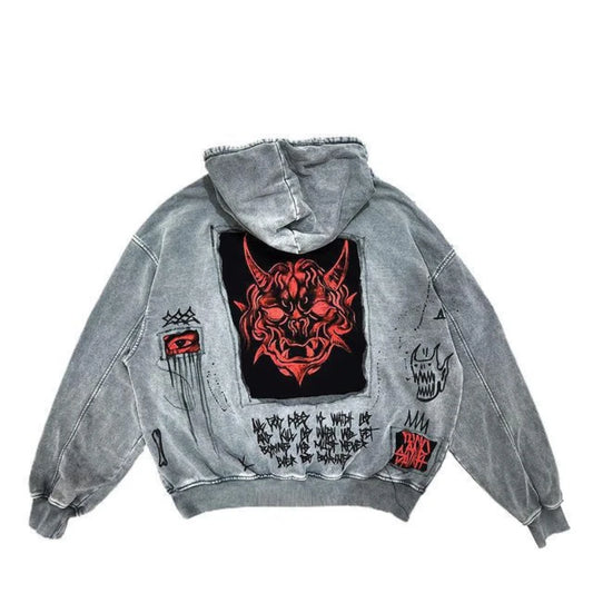 European and American street Y2K devil print fashion trend Harajuku heavyweight men's and women's loose hooded hoodie Y2K EMO