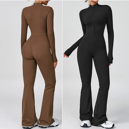 VITALINOVO Women Long Sleeve Flare Workout Jumpsuit Zip Up Romper Bottom Pants Wide Leg Full Length Bodysuit Bodycon One Piece