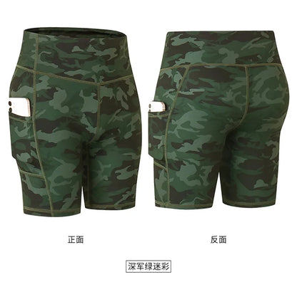 Women's printed nude yoga shorts with pockets skin-friendly tight stretch quick-drying sports fitness hiking running shorts