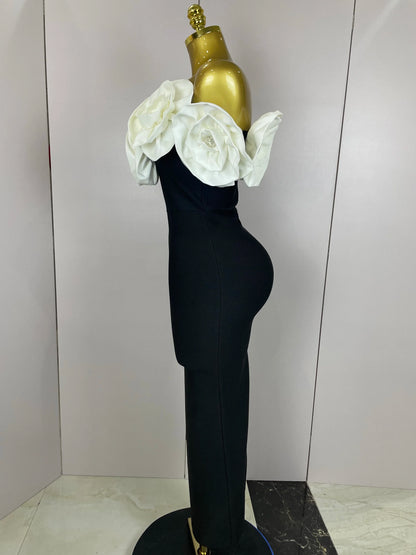Red Flowers Sexy Off The Shoulder Ankle Lenght Bandage Dress Woman Birthday Party Vestido Wedding Party Outfit