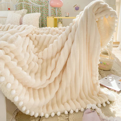 Solid Color Striped Fluffy Blanket Milk Velvet Soft Blanket with Cute Pompoms 3D Stereo Craft Travel Warm Bedding All Season