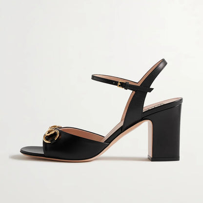 Black Cowhide Square Toe Chunky Heel One Word Buckle Sandals Metal Buckle Open Toe Modern Sandals