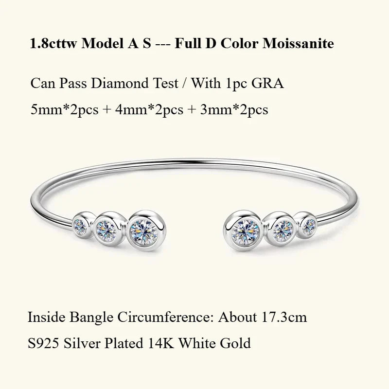 Four Prong Moissanite Cuff Bangle 5mm 0.5CT Round Cut D Color 925 Silver Open Hand Chain Bracelet For Women Girl Lady Gift