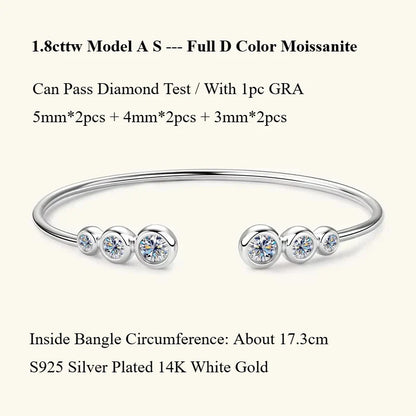 Four Prong Moissanite Cuff Bangle 5mm 0.5CT Round Cut D Color 925 Silver Open Hand Chain Bracelet For Women Girl Lady Gift