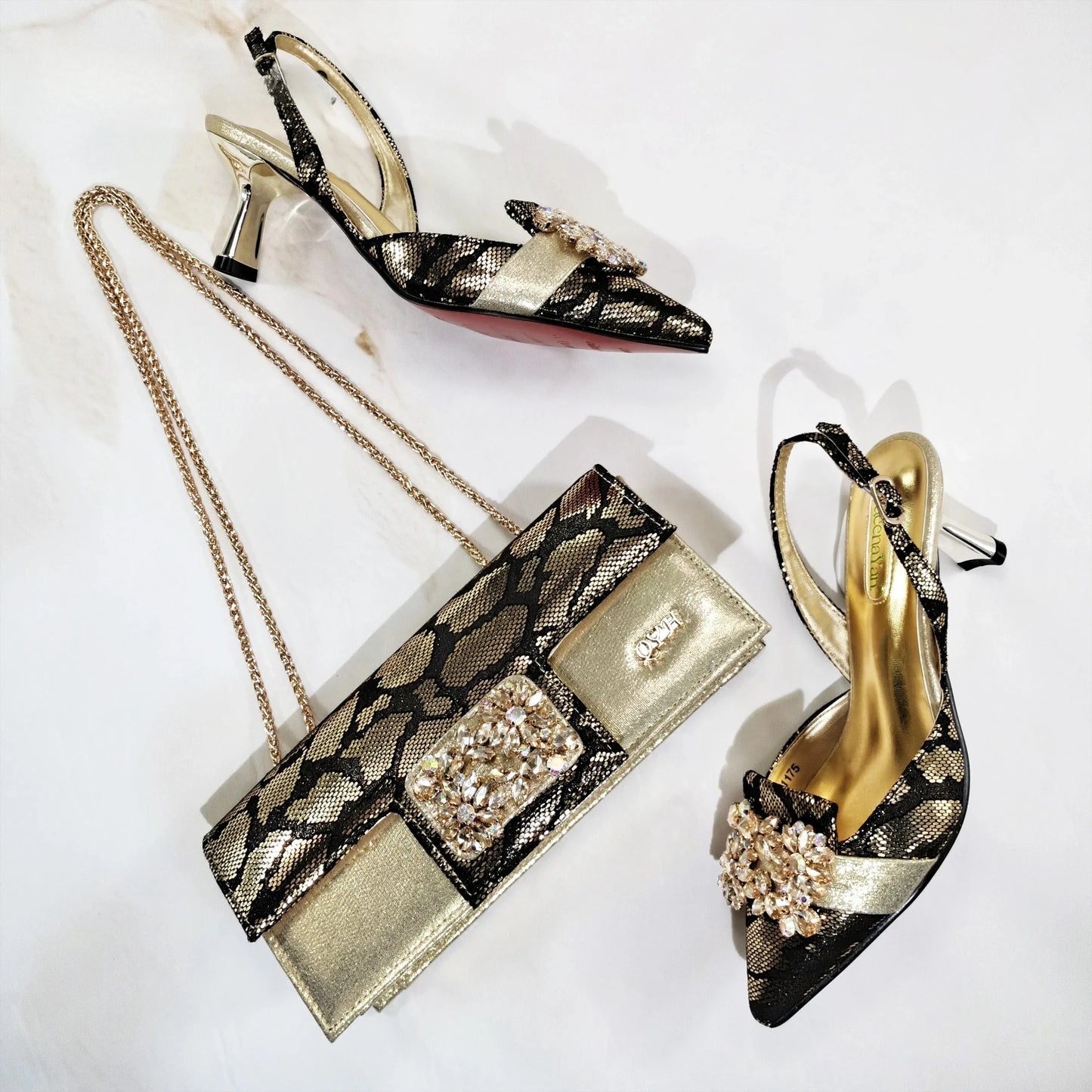 Design Italiano Borboleta Festa Casamento Sandália Bico Fino Slingback com Bolsa Conjunto Dourado